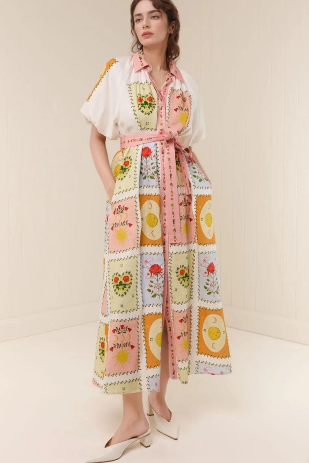 Printed Short Sleeve Belted Maxi Dress - MAD RUFFI