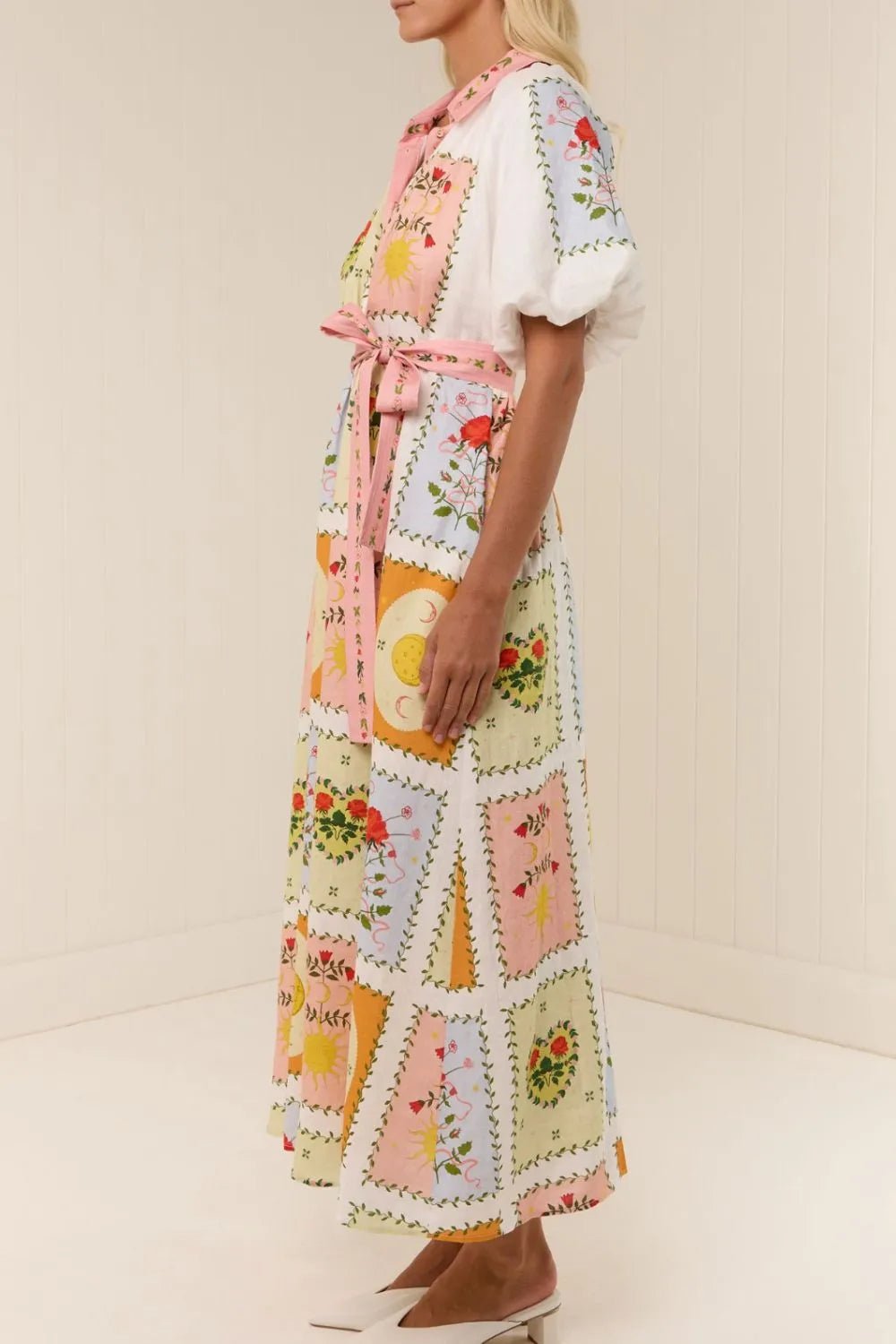 Printed Short Sleeve Belted Maxi Dress - MAD RUFFI