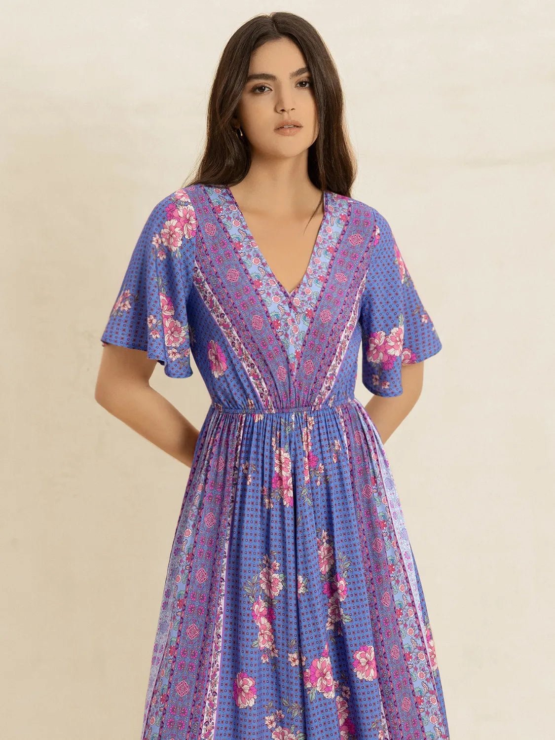 Printed Short Sleeve Midi Dress - MAD RUFFI
