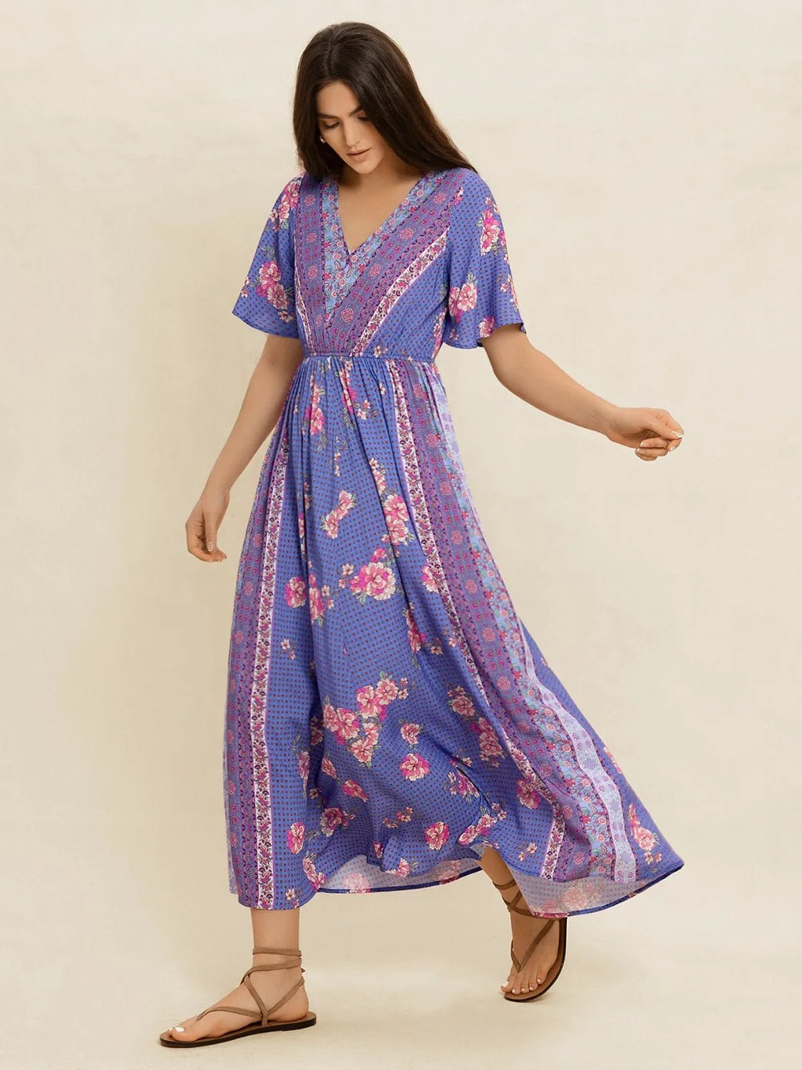 Printed Short Sleeve Midi Dress - MAD RUFFI