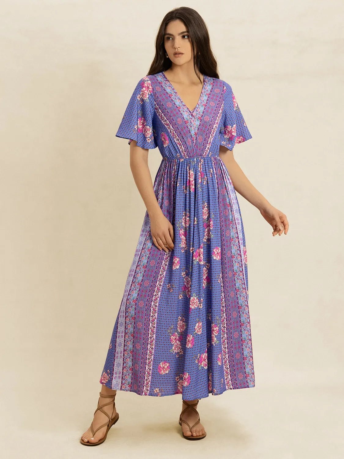 Printed Short Sleeve Midi Dress - MAD RUFFI