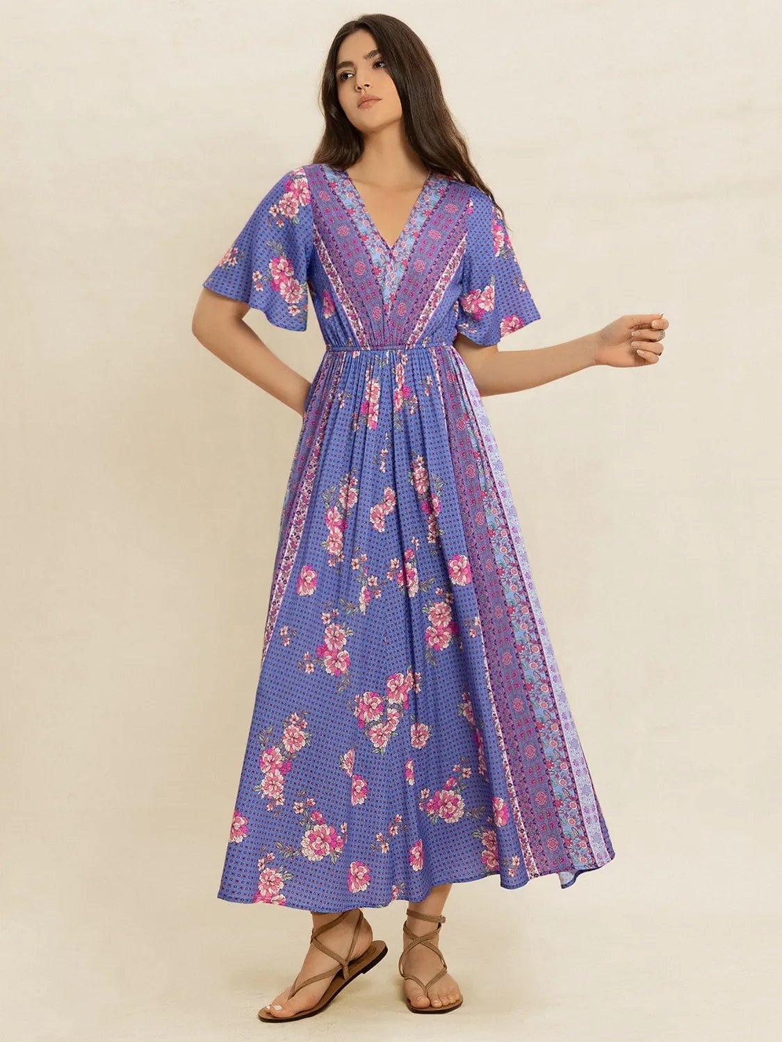 Printed Short Sleeve Midi Dress - MAD RUFFI