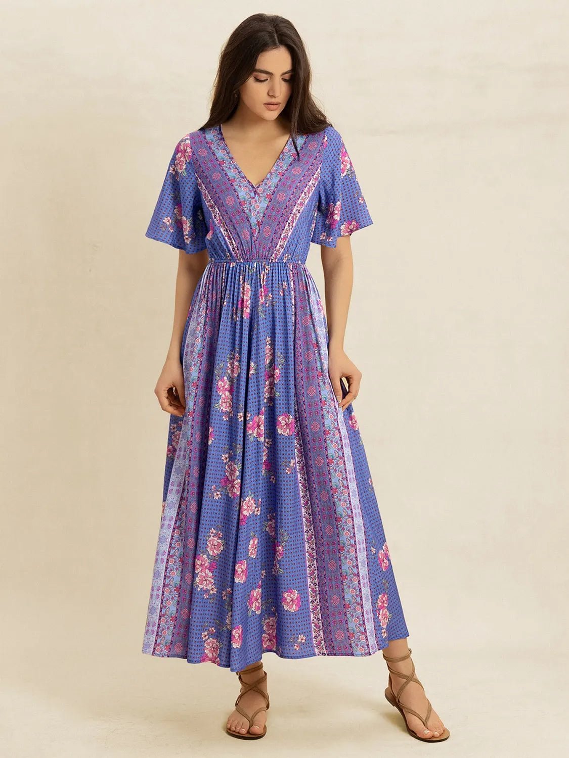 Printed Short Sleeve Midi Dress - MAD RUFFI