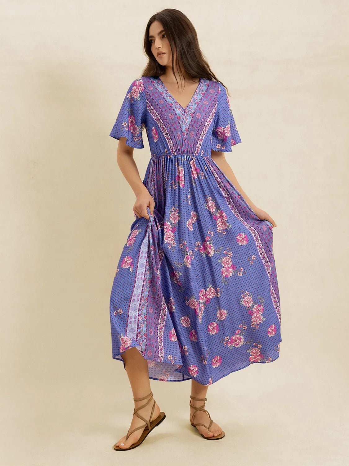 Printed Short Sleeve Midi Dress - MAD RUFFI