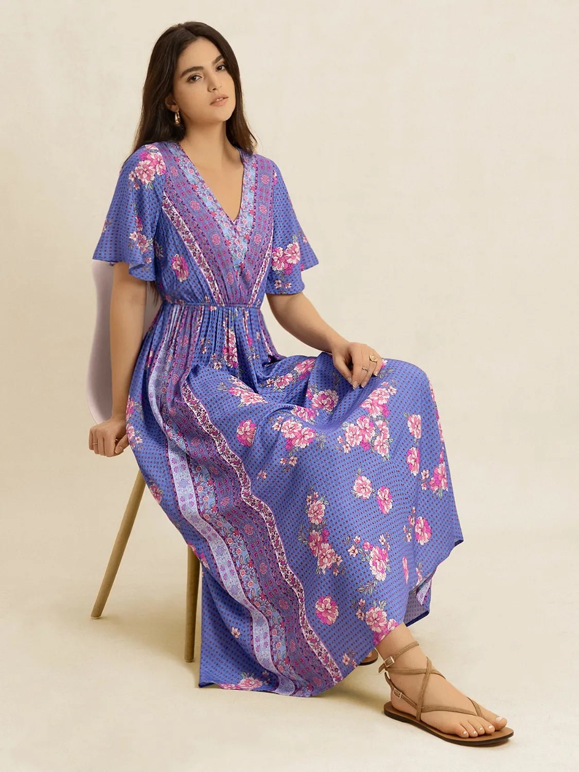 Printed Short Sleeve Midi Dress - MAD RUFFI