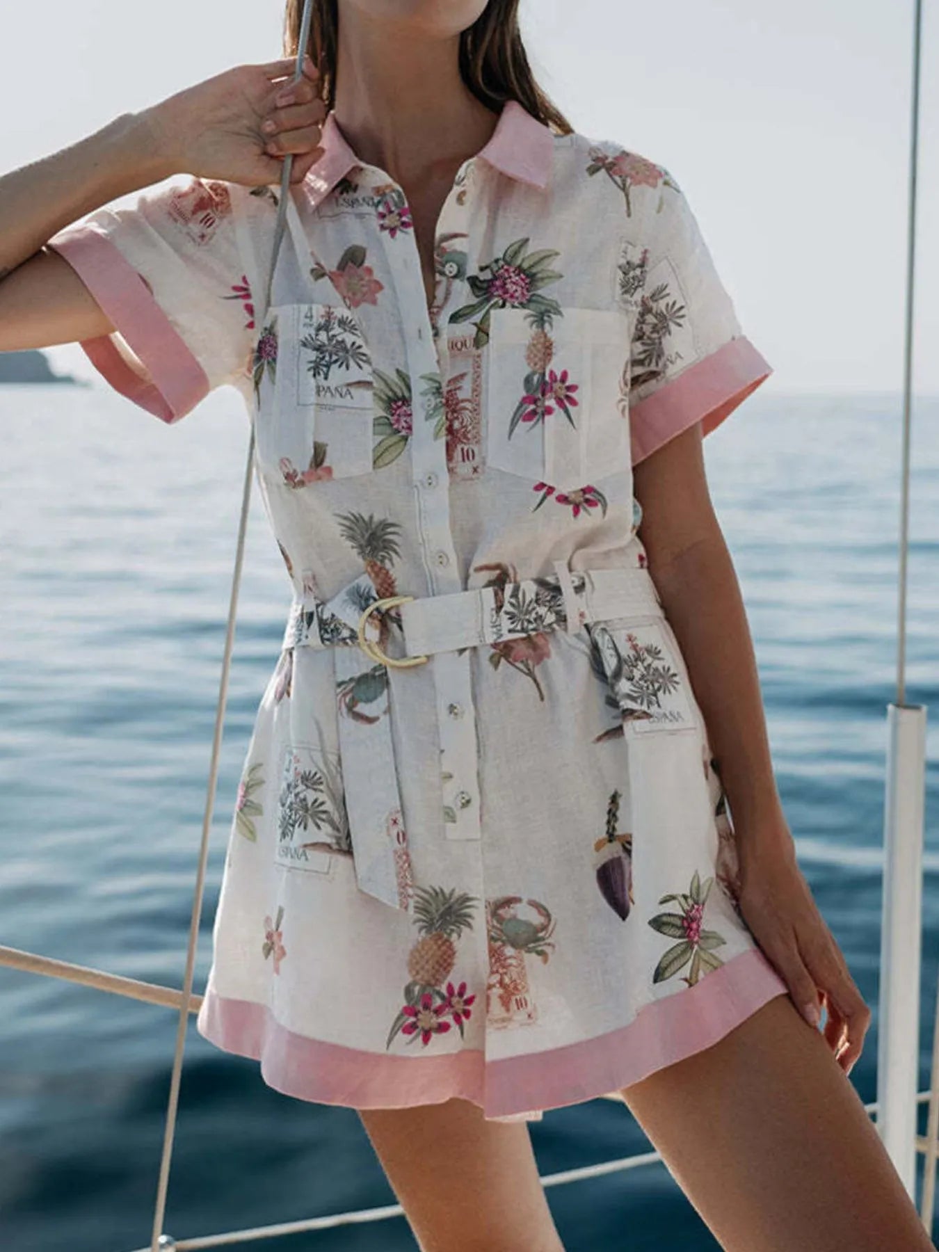 Printed Short Sleeve Romper with Belt - MAD RUFFI