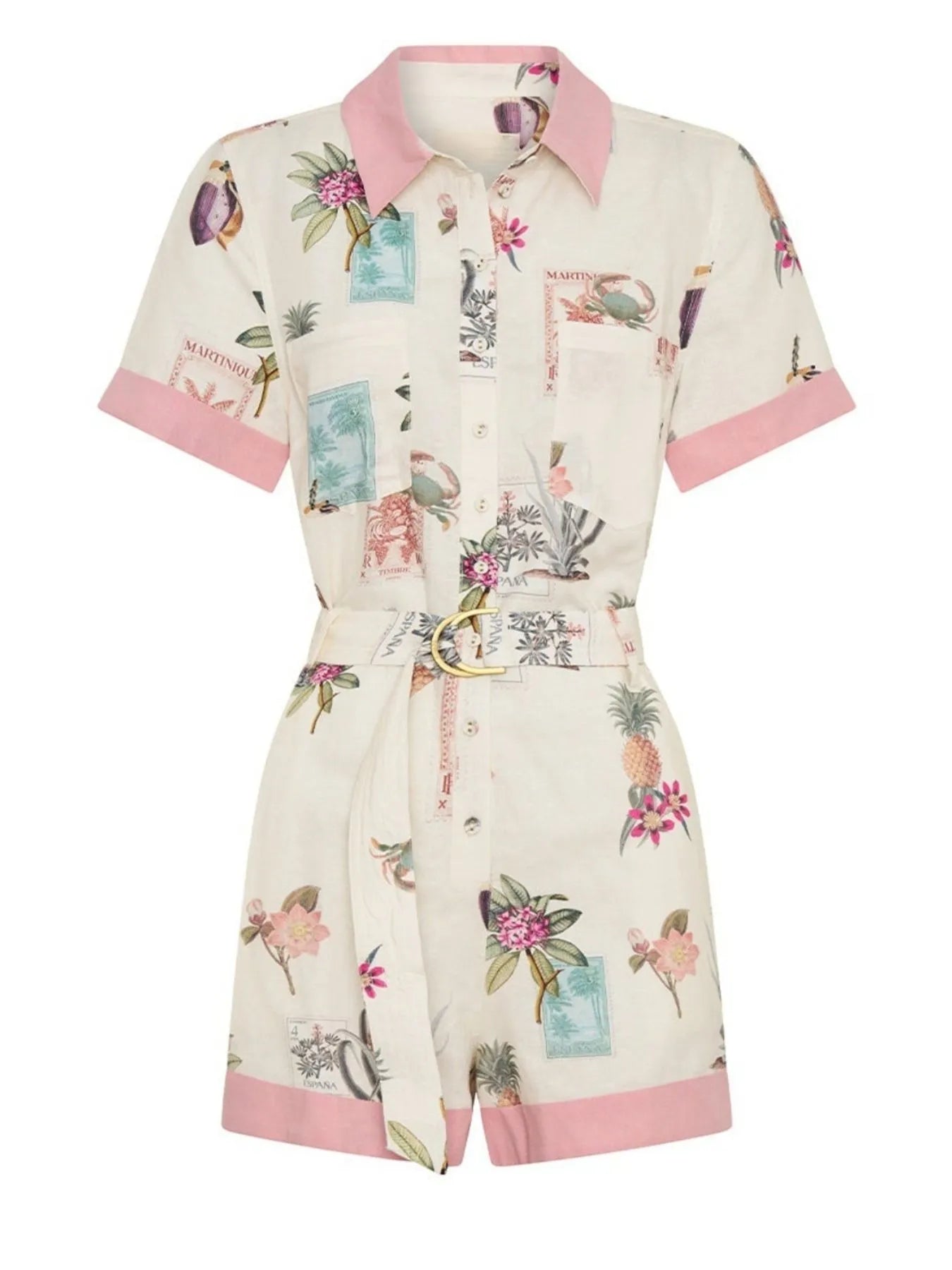 Printed Short Sleeve Romper with Belt - MAD RUFFI