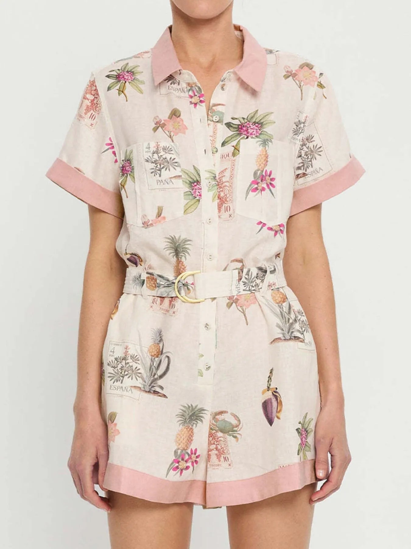 Printed Short Sleeve Romper with Belt - MAD RUFFI