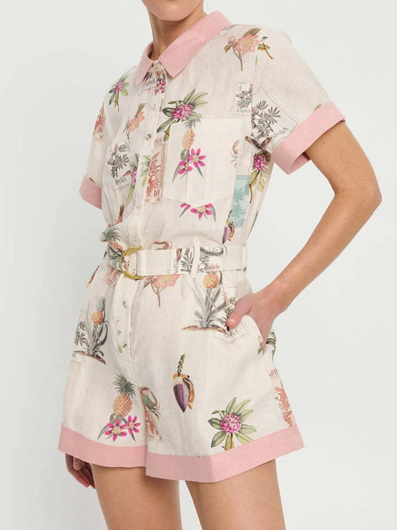 Printed Short Sleeve Romper with Belt - MAD RUFFI