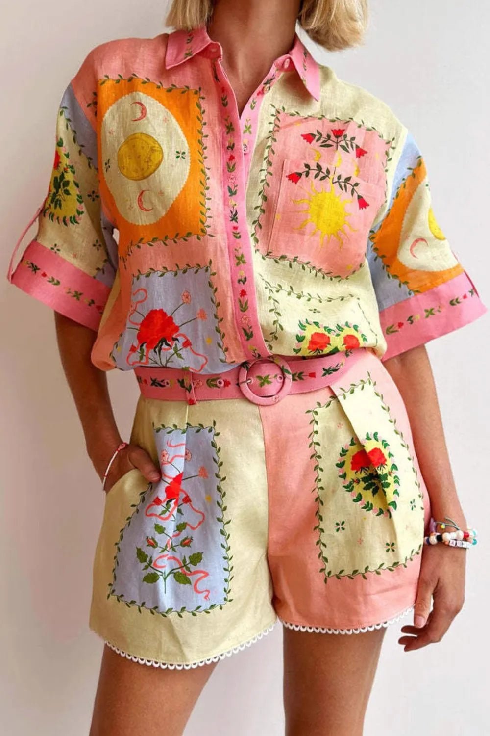 Printed Short Sleeve Shirt and Shorts Set - MAD RUFFI