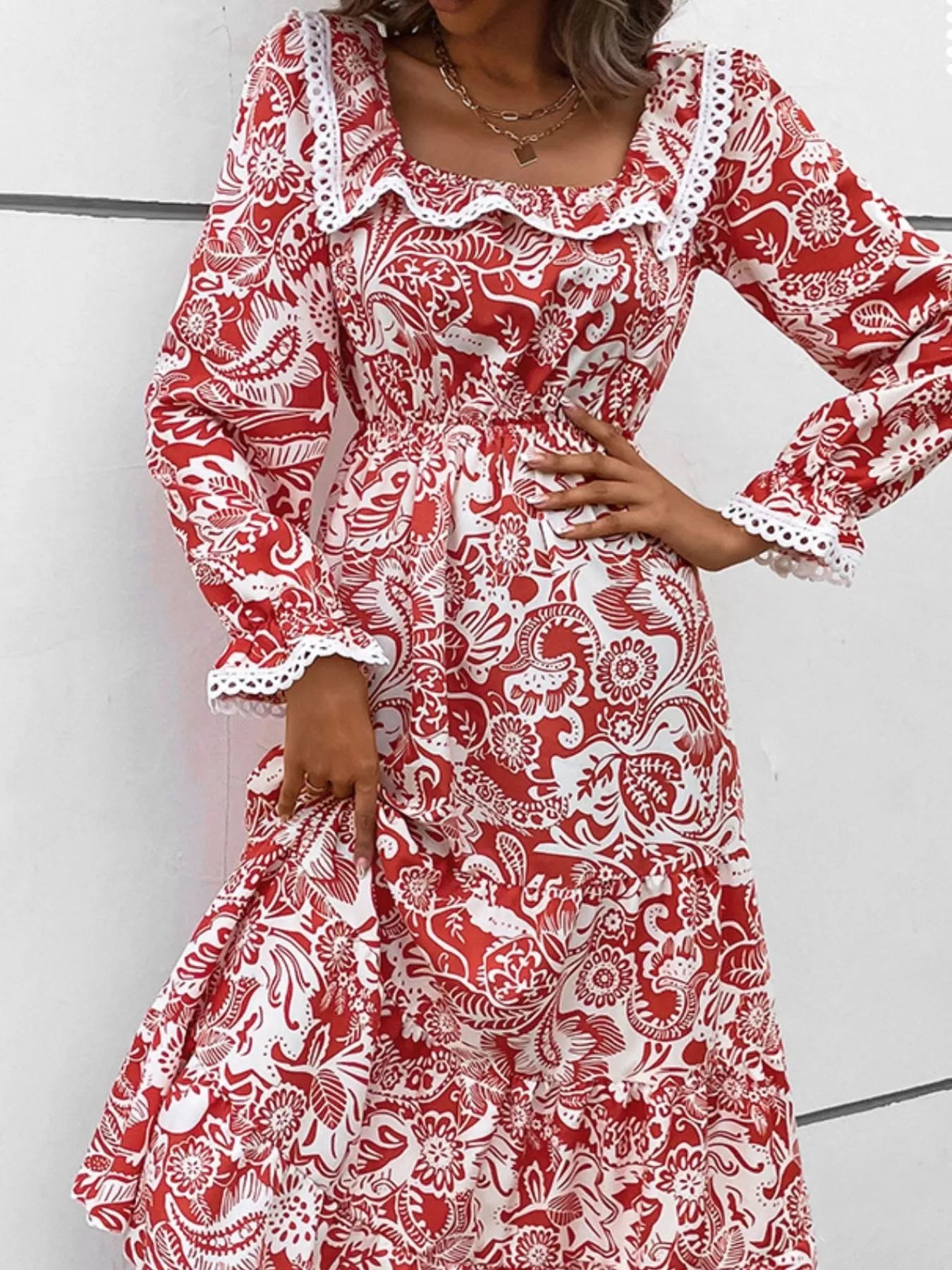 Printed Square Neck Long Sleeve Dress - MAD RUFFI