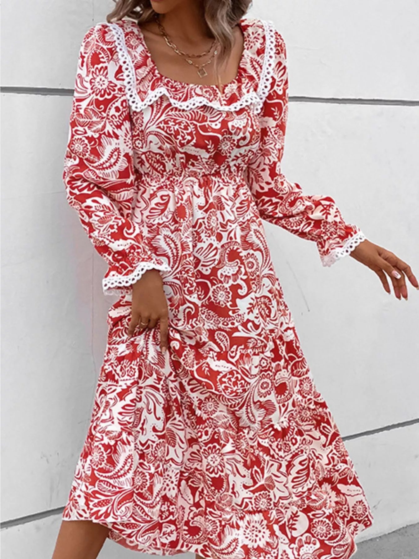 Printed Square Neck Long Sleeve Dress - MAD RUFFI