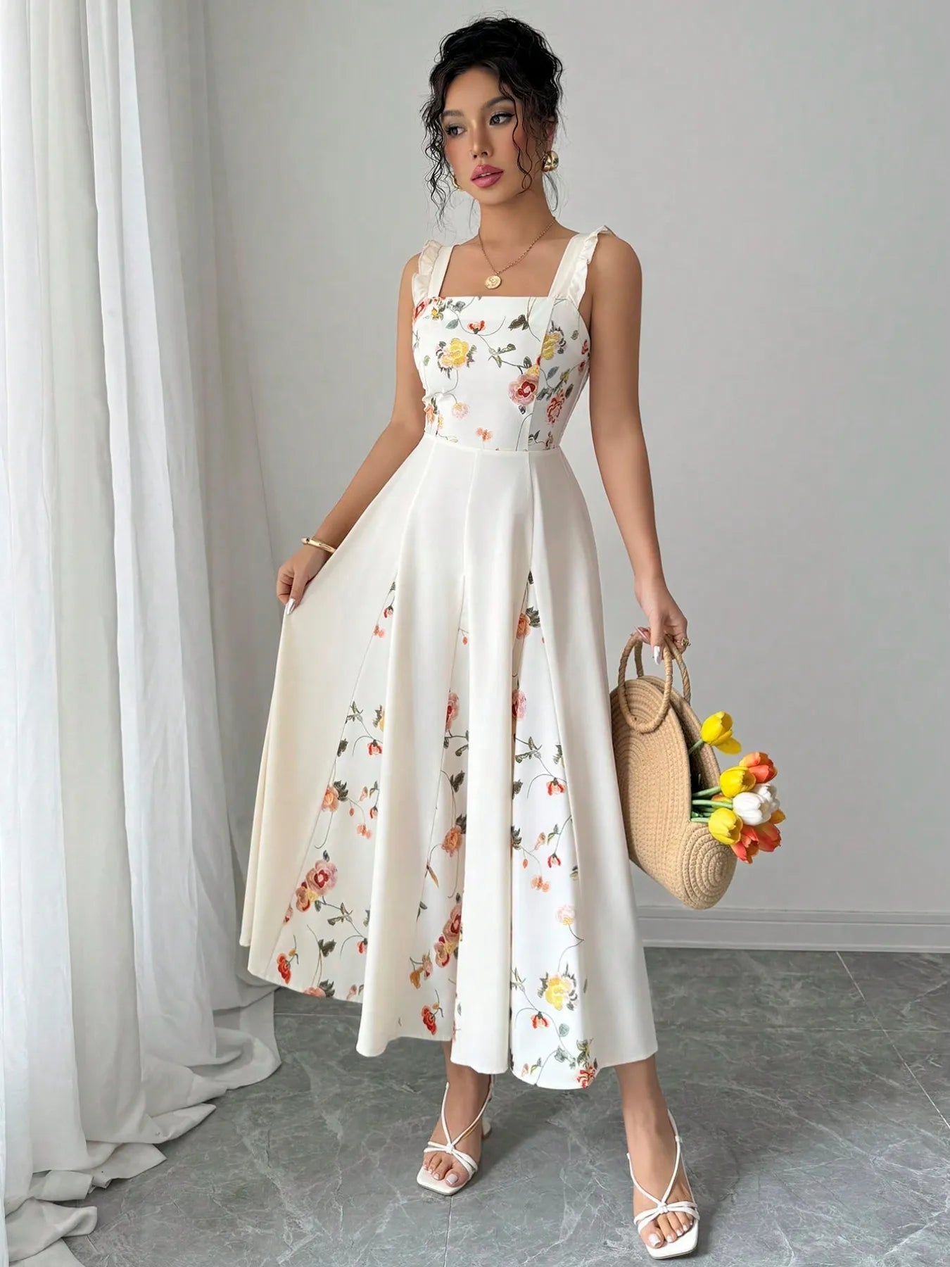 Printed Square Neck Midi Dress - MAD RUFFI