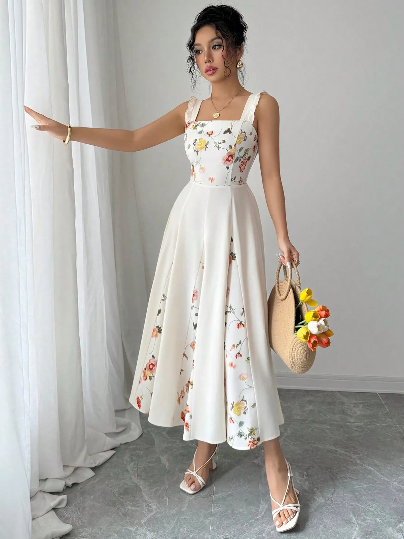 Printed Square Neck Midi Dress - MAD RUFFI