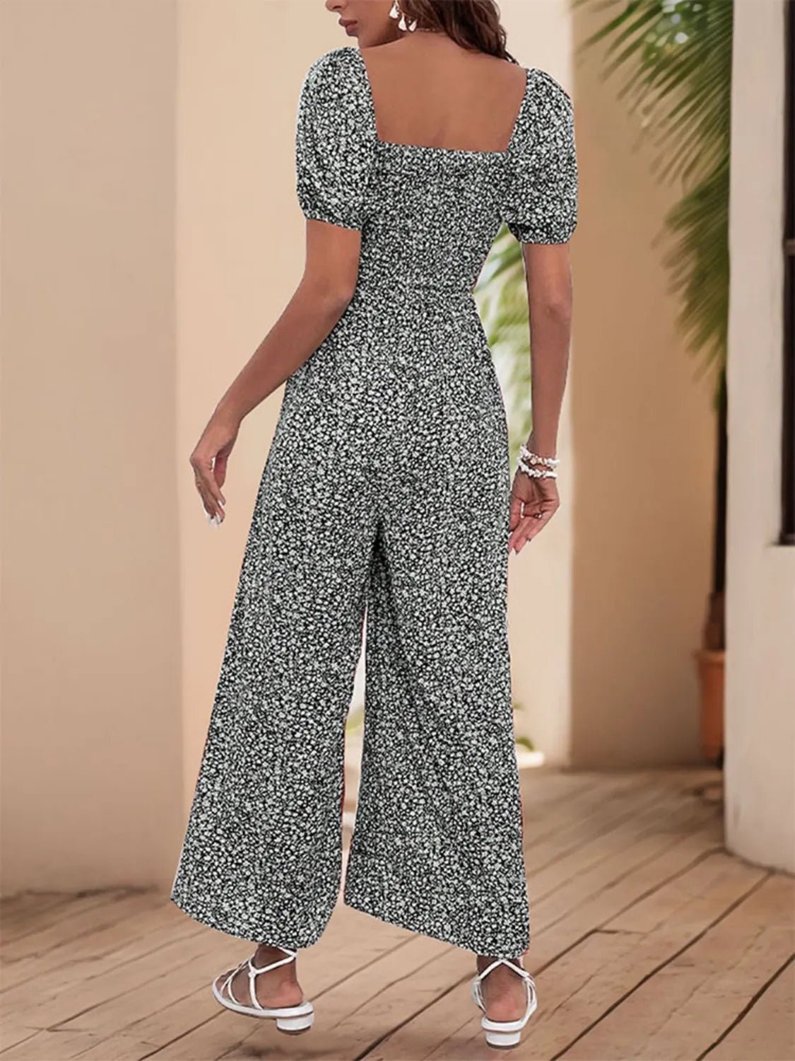Printed Square Neck Puff Sleeve Jumpsuit - MAD RUFFI