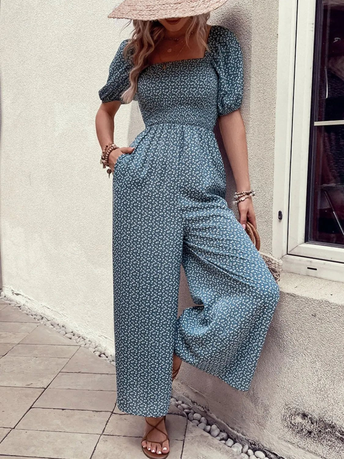 Printed Square Neck Puff Sleeve Jumpsuit - MAD RUFFI