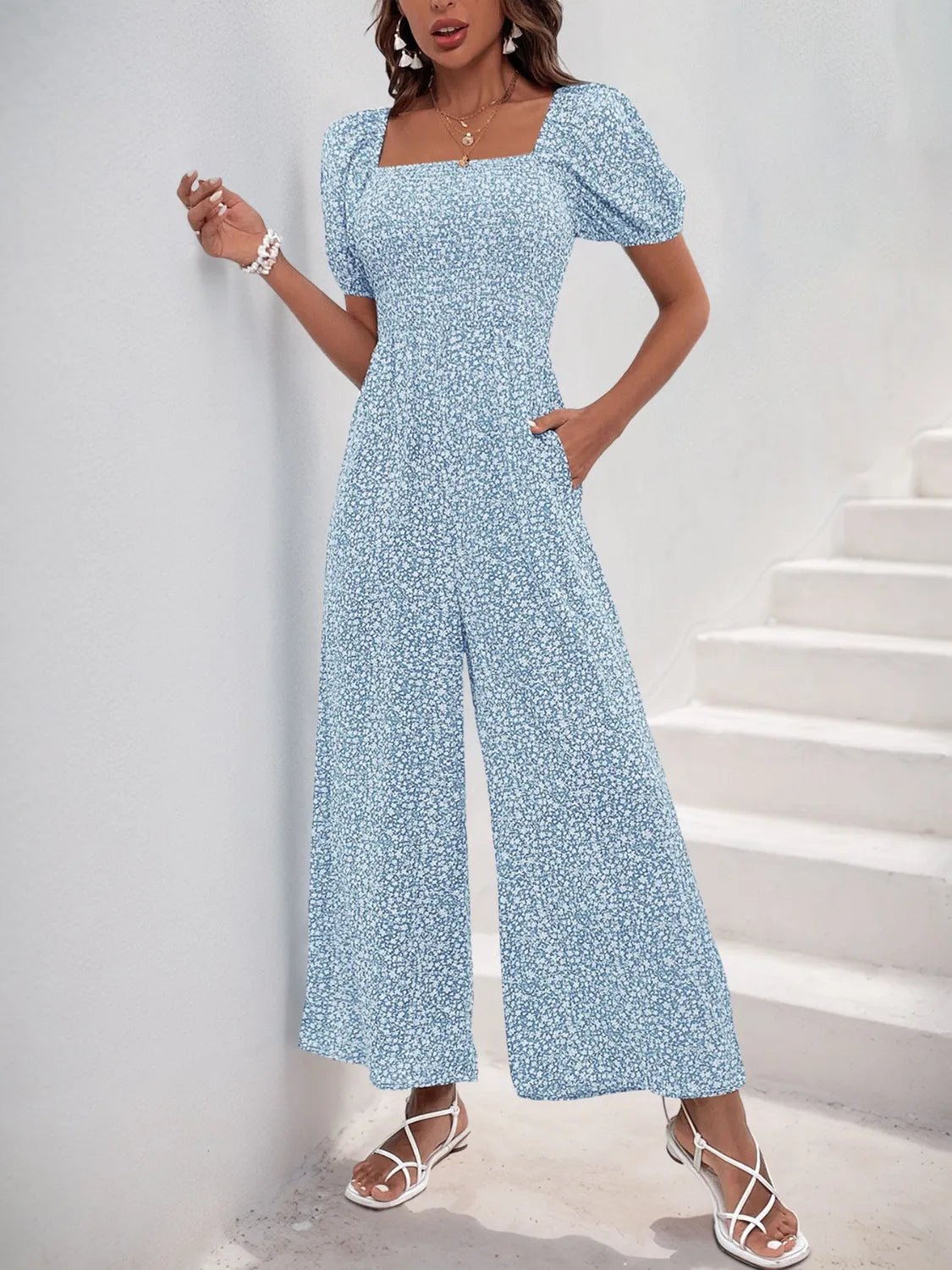 Printed Square Neck Puff Sleeve Jumpsuit - MAD RUFFI