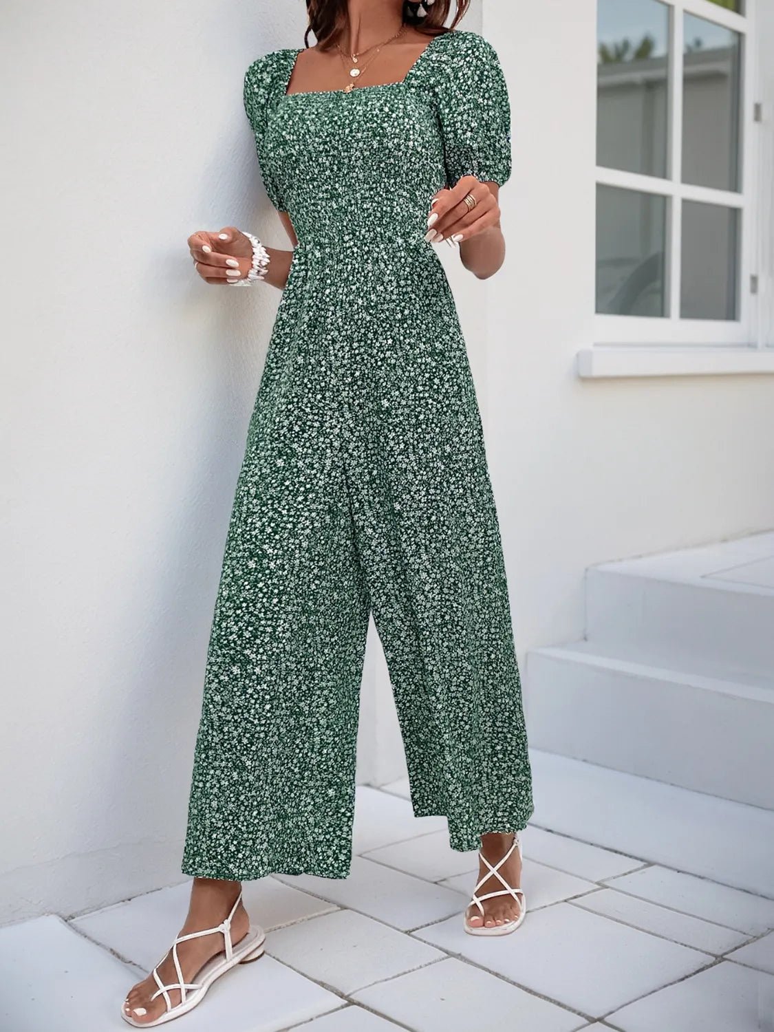 Printed Square Neck Puff Sleeve Jumpsuit - MAD RUFFI