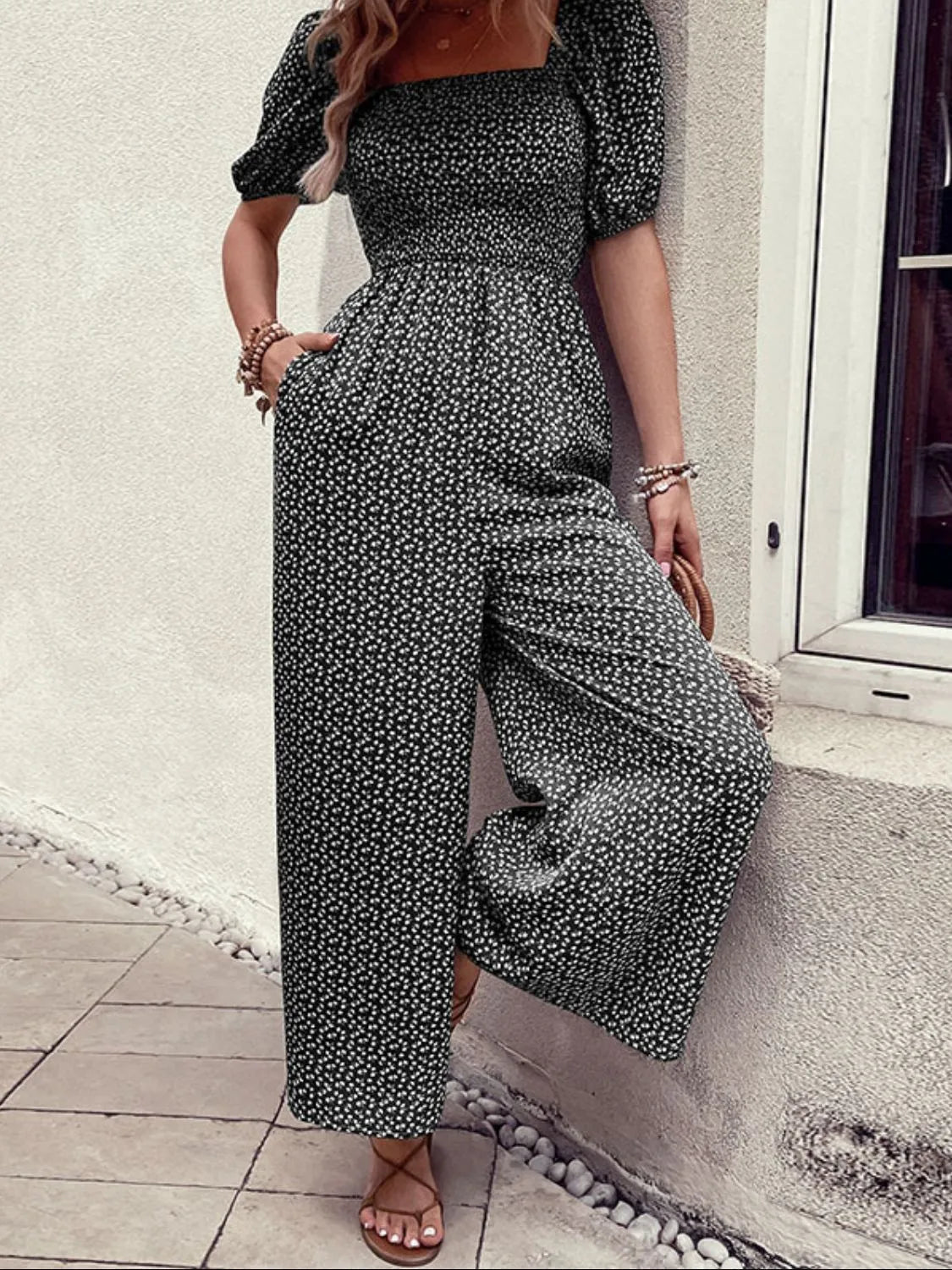 Printed Square Neck Puff Sleeve Jumpsuit - MAD RUFFI