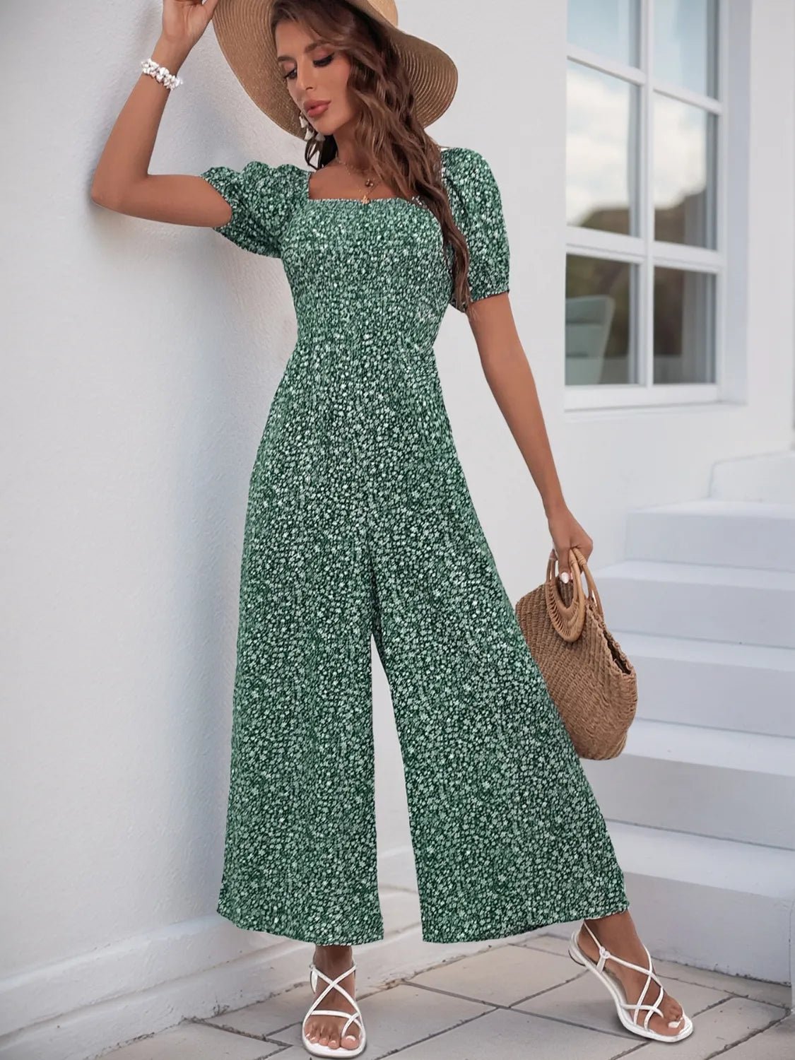 Printed Square Neck Puff Sleeve Jumpsuit - MAD RUFFI