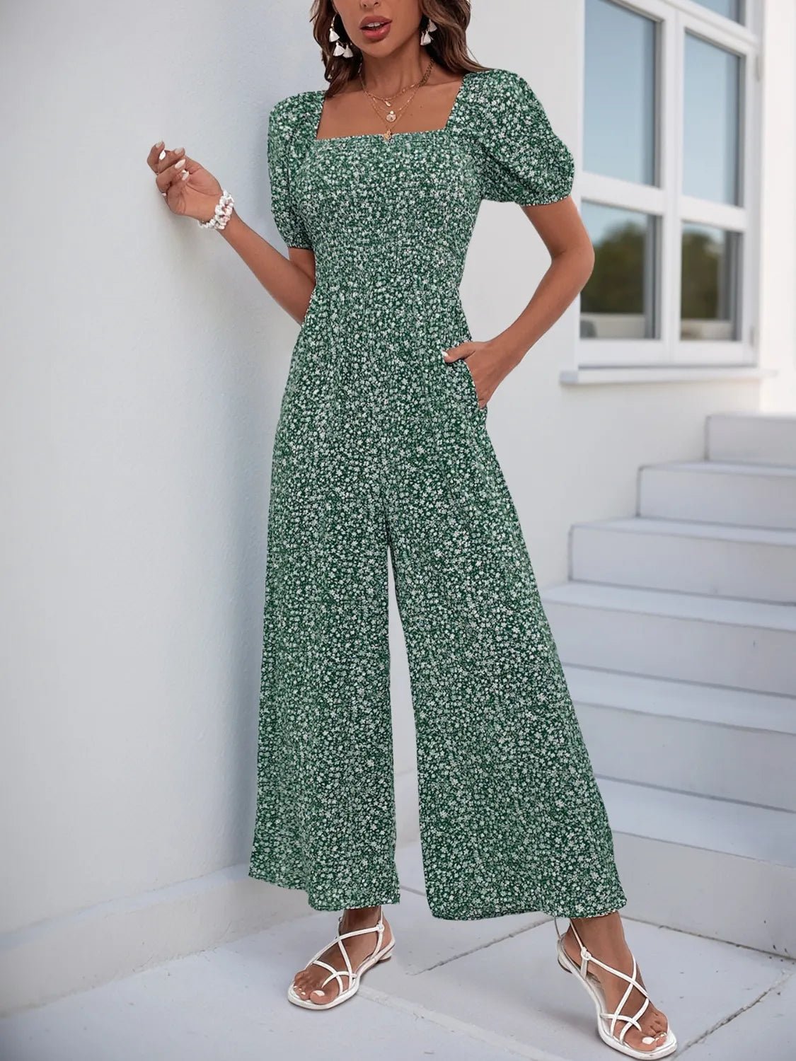 Printed Square Neck Puff Sleeve Jumpsuit - MAD RUFFI