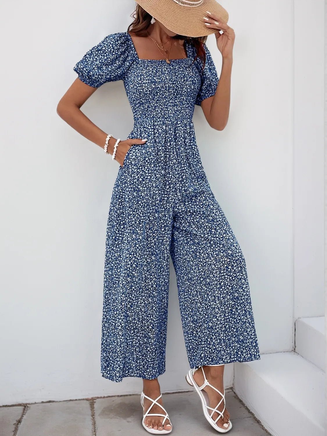 Printed Square Neck Puff Sleeve Jumpsuit - MAD RUFFI