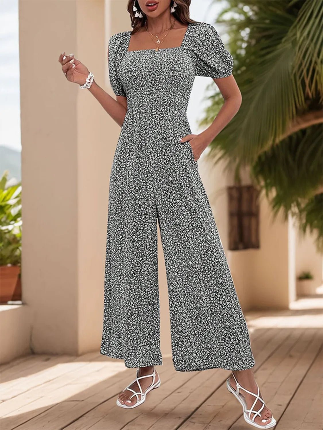 Printed Square Neck Puff Sleeve Jumpsuit - MAD RUFFI
