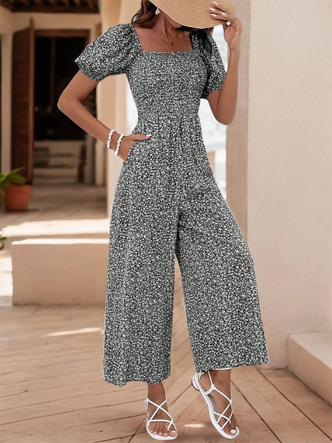 Printed Square Neck Puff Sleeve Jumpsuit - MAD RUFFI