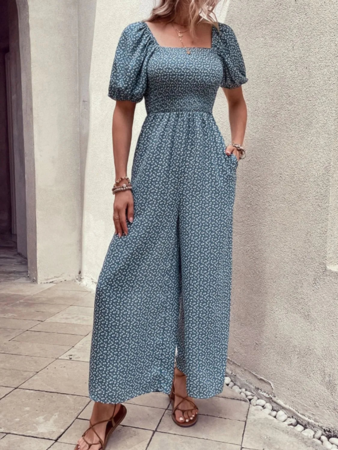 Printed Square Neck Puff Sleeve Jumpsuit - MAD RUFFI