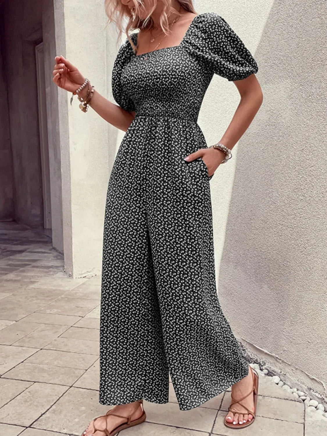 Printed Square Neck Puff Sleeve Jumpsuit - MAD RUFFI