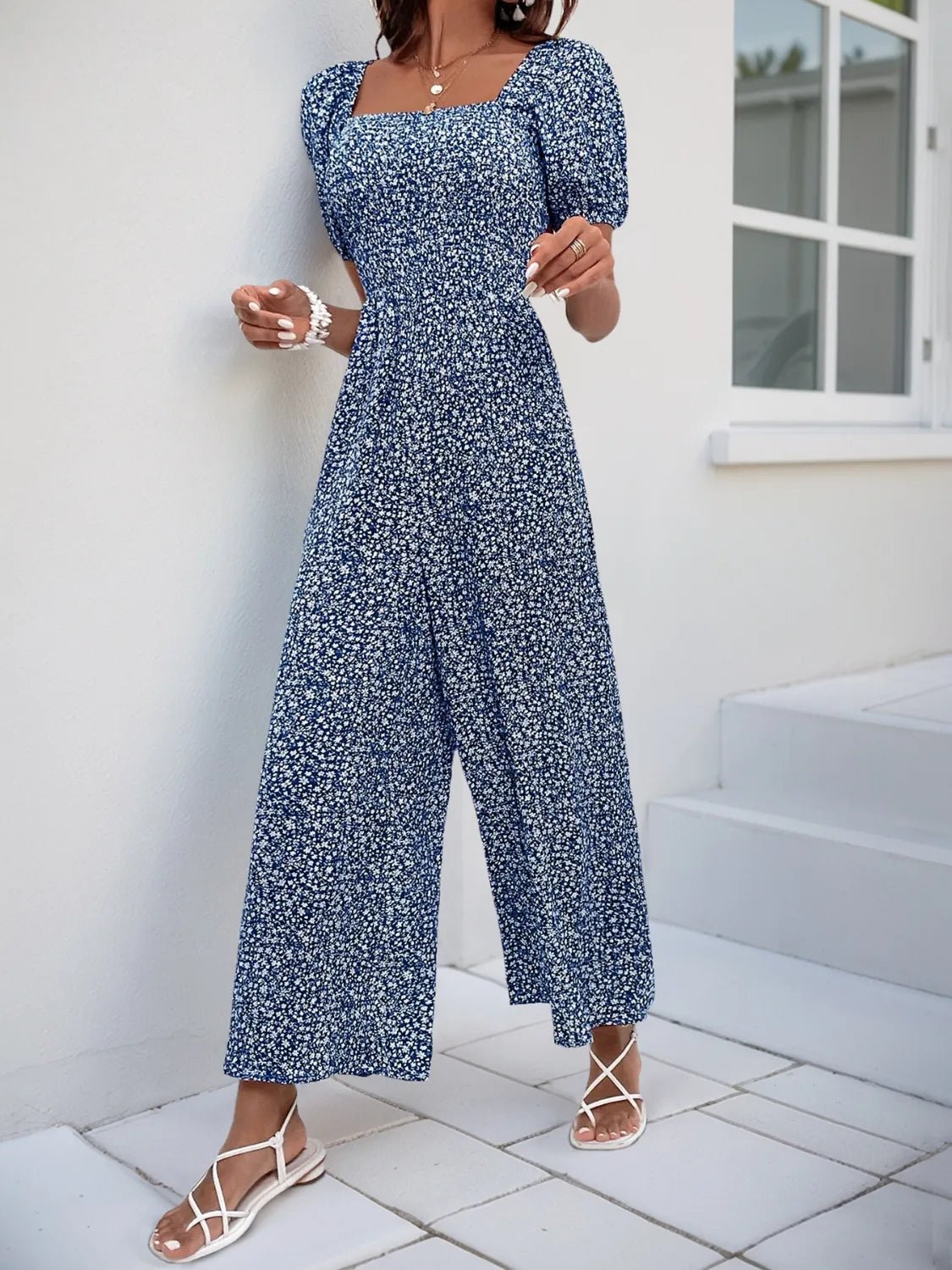 Printed Square Neck Puff Sleeve Jumpsuit - MAD RUFFI