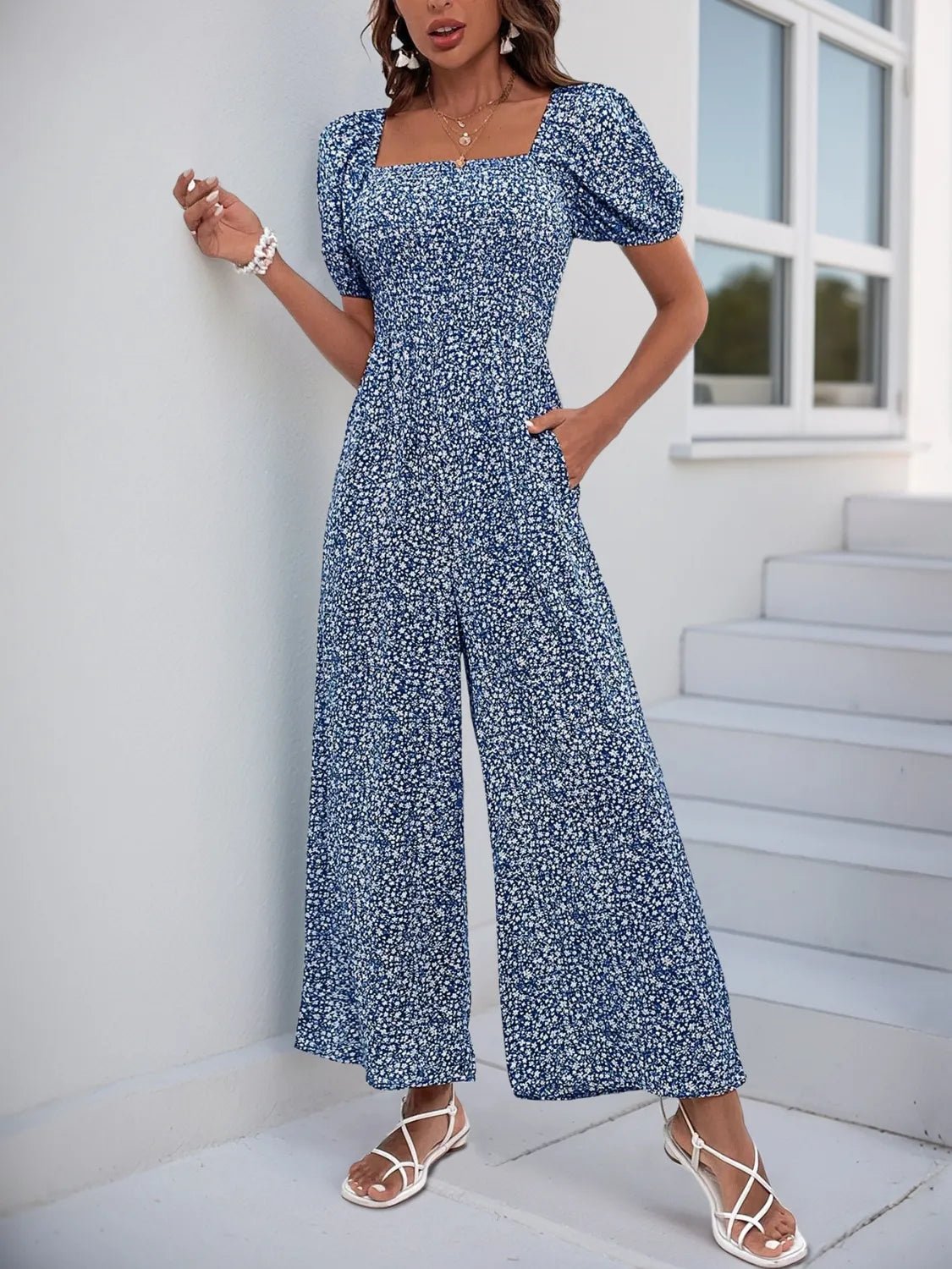 Printed Square Neck Puff Sleeve Jumpsuit - MAD RUFFI