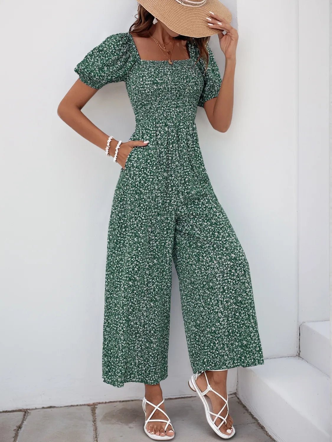 Printed Square Neck Puff Sleeve Jumpsuit - MAD RUFFI