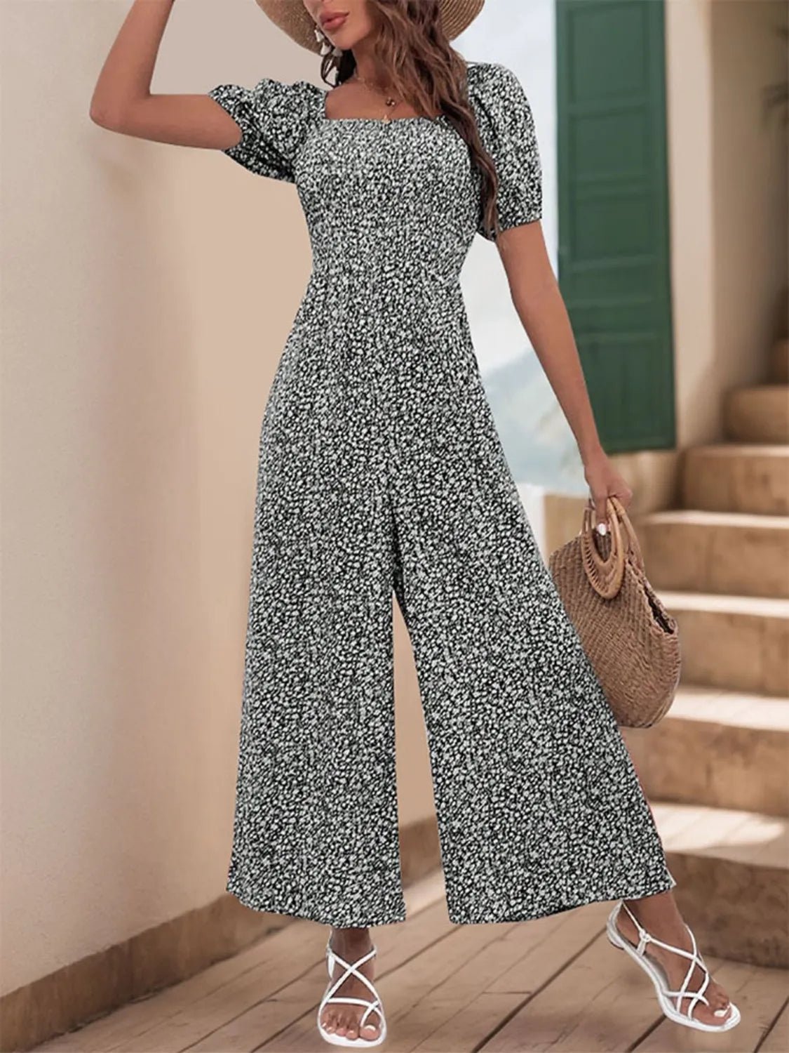 Printed Square Neck Puff Sleeve Jumpsuit - MAD RUFFI