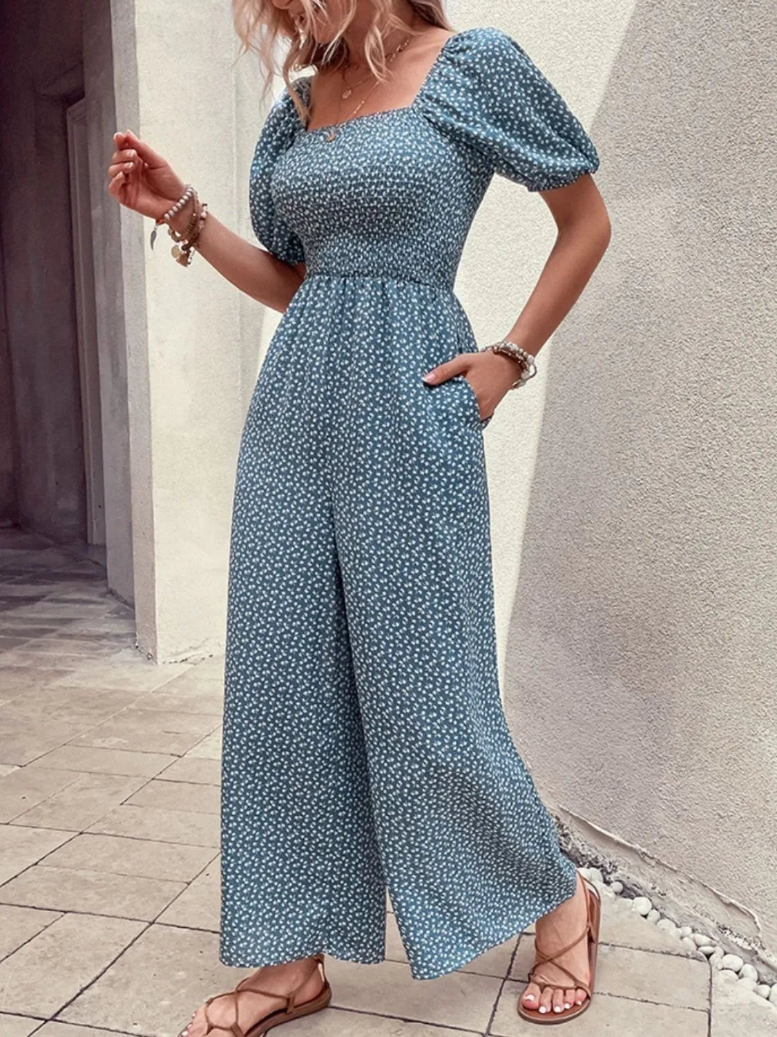 Printed Square Neck Puff Sleeve Jumpsuit - MAD RUFFI