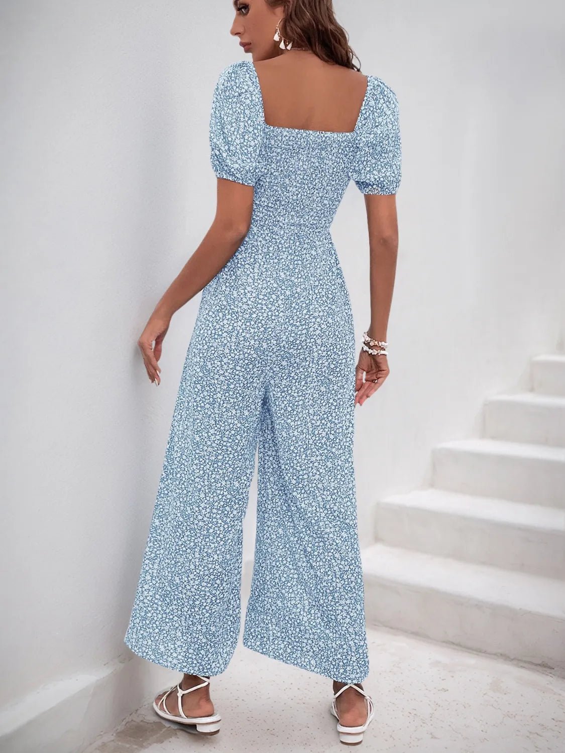 Printed Square Neck Puff Sleeve Jumpsuit - MAD RUFFI