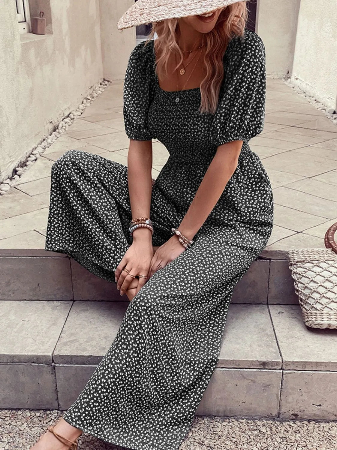 Printed Square Neck Puff Sleeve Jumpsuit - MAD RUFFI