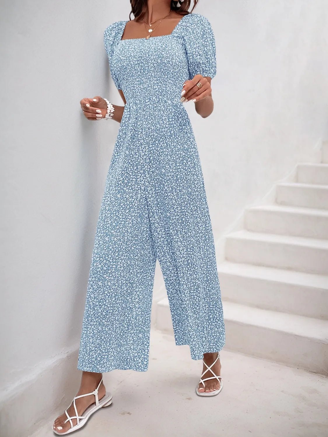 Printed Square Neck Puff Sleeve Jumpsuit - MAD RUFFI