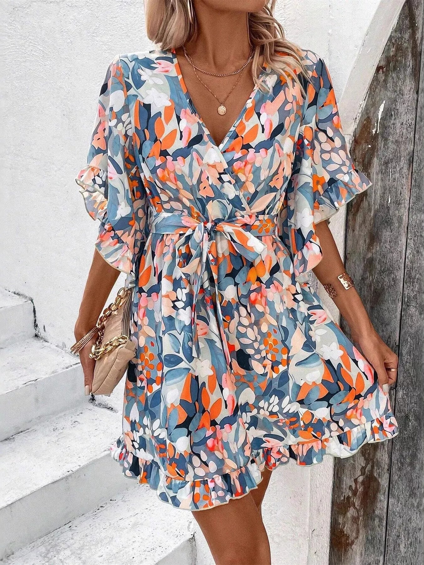 Printed Surplice Half Sleeve Dress - MAD RUFFI