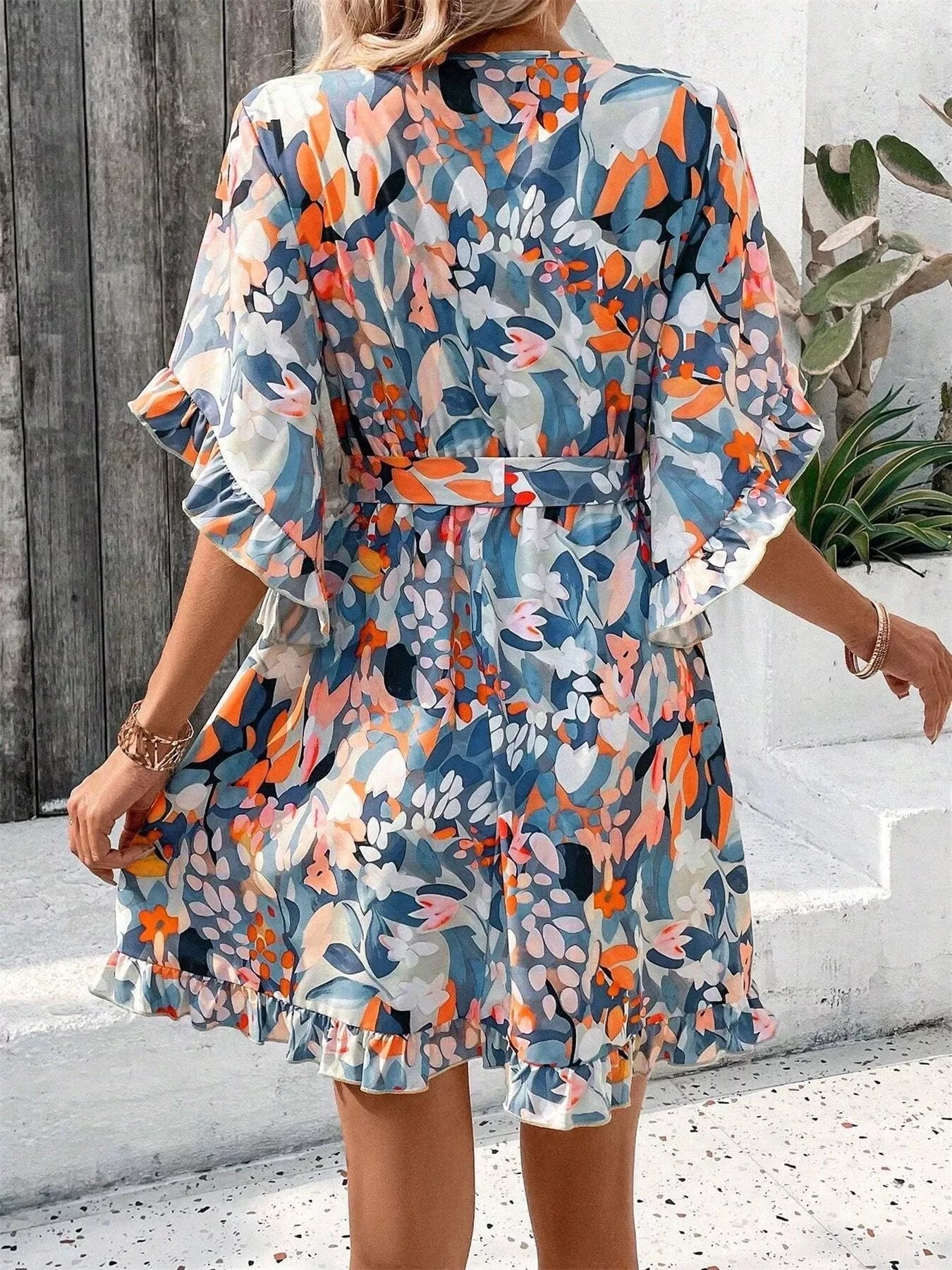 Printed Surplice Half Sleeve Dress - MAD RUFFI