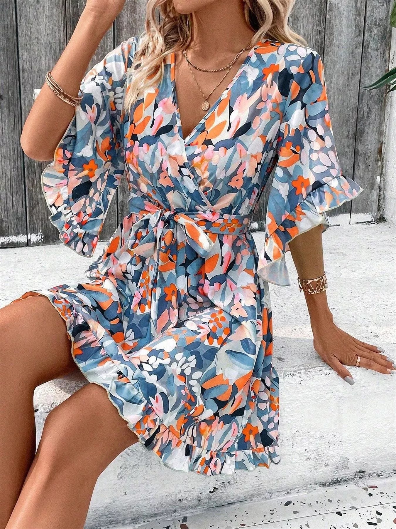 Printed Surplice Half Sleeve Dress - MAD RUFFI