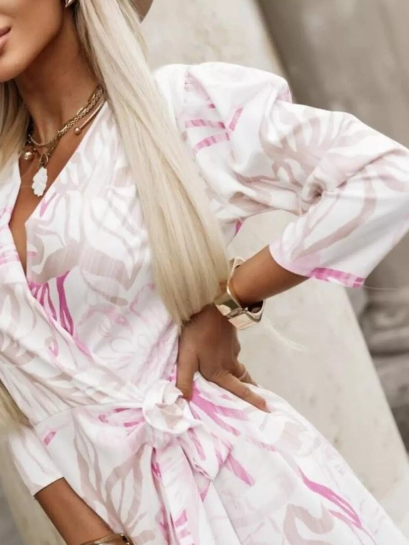 Printed Surplice Long Sleeve Wrap Dress - MAD RUFFI