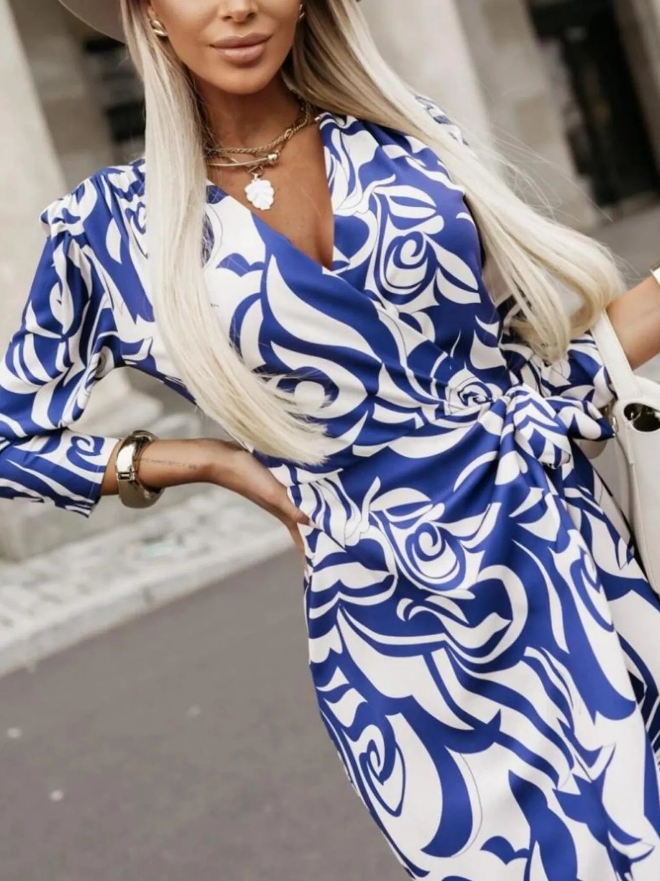 Printed Surplice Long Sleeve Wrap Dress - MAD RUFFI