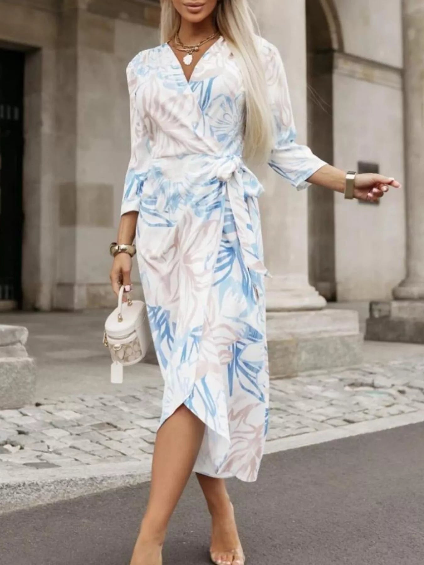 Printed Surplice Long Sleeve Wrap Dress - MAD RUFFI