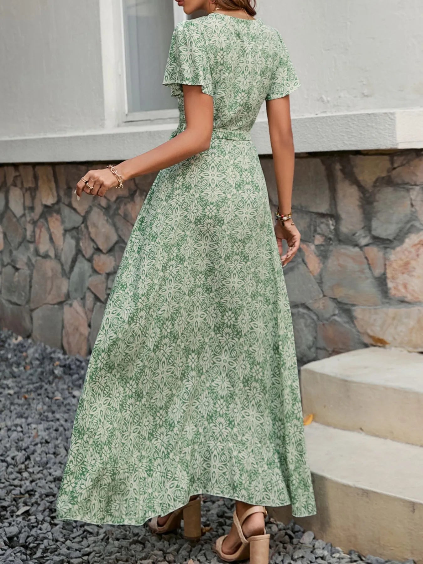 Printed Surplice Maxi Dress with Flutter Sleeves - MAD RUFFI
