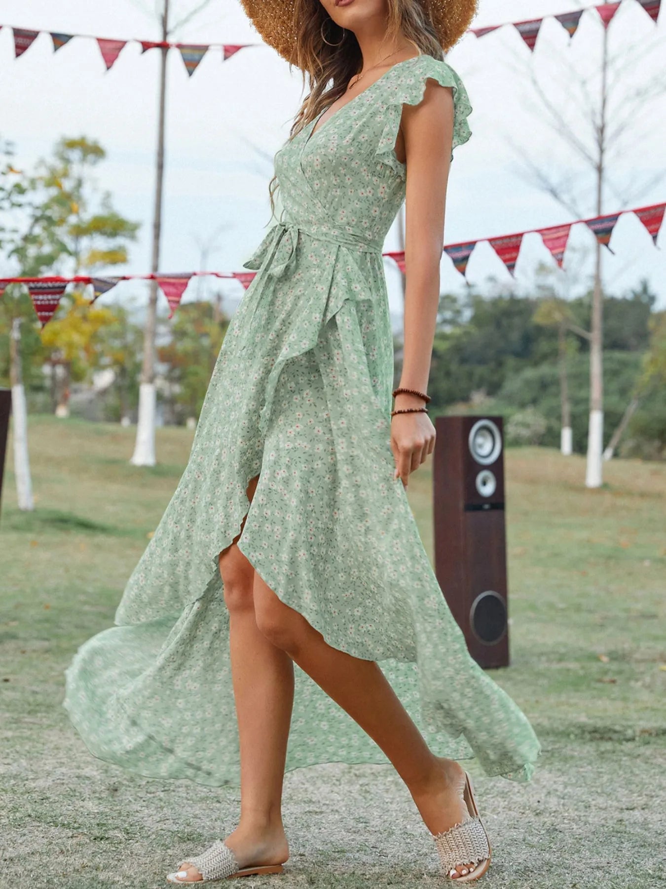 Printed Surplice Ruffle Sleeve Dress - MAD RUFFI