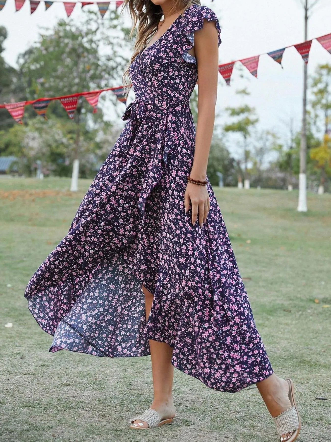 Printed Surplice Ruffle Sleeve Dress - MAD RUFFI