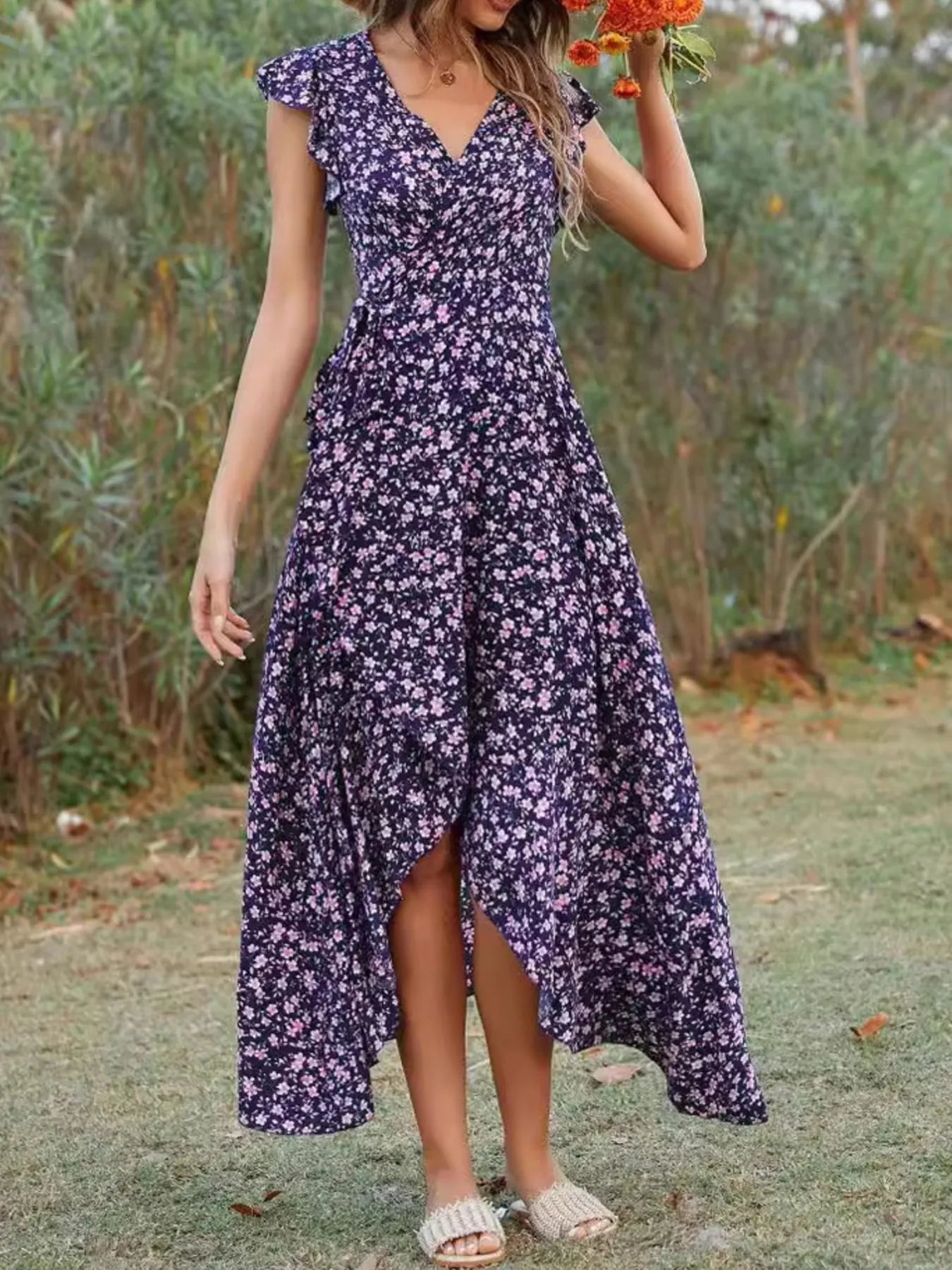 Printed Surplice Ruffle Sleeve Dress - MAD RUFFI