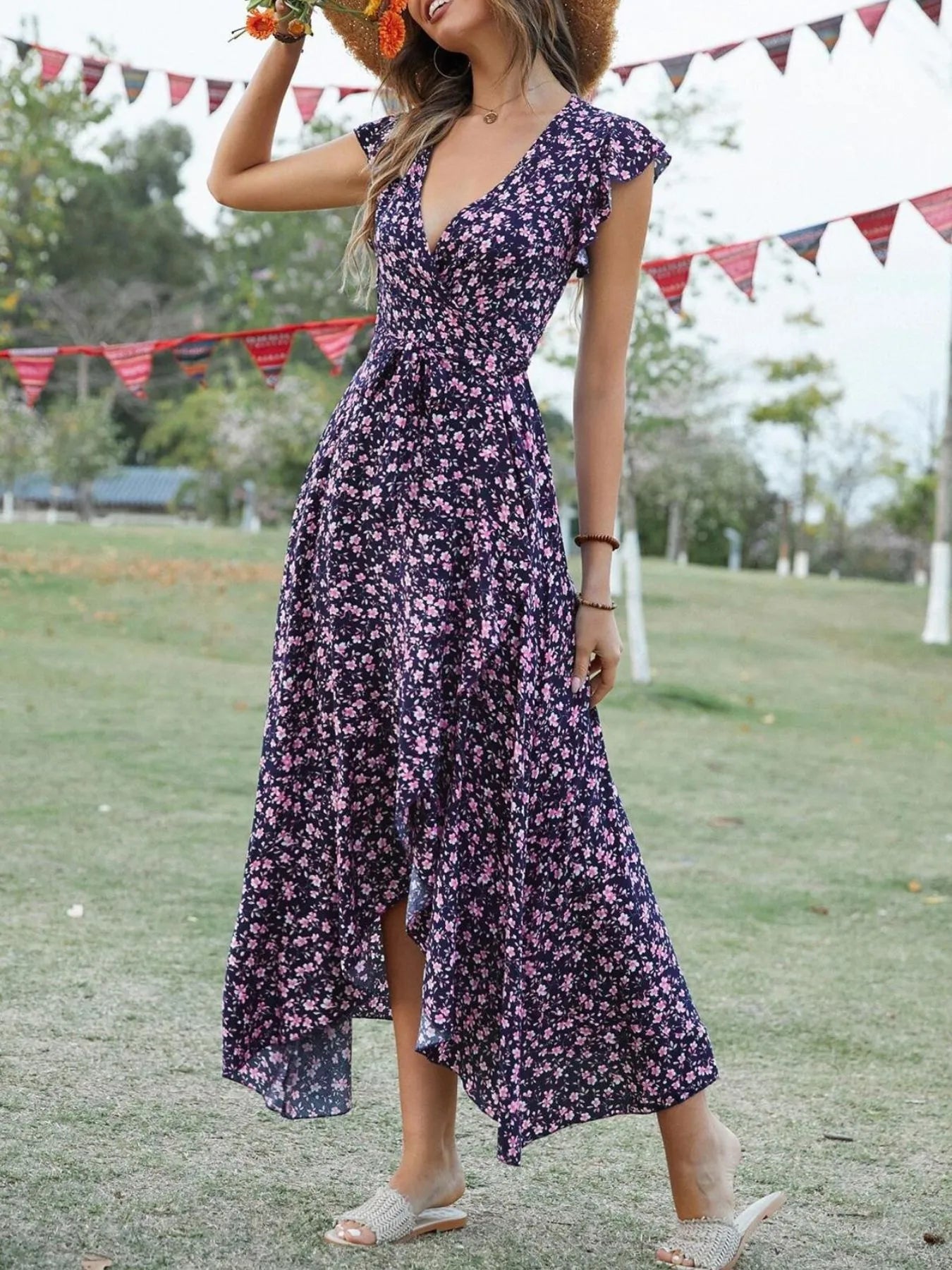 Printed Surplice Ruffle Sleeve Dress - MAD RUFFI