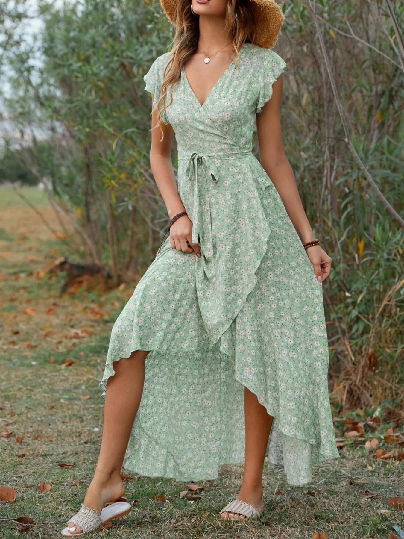 Printed Surplice Ruffle Sleeve Dress - MAD RUFFI